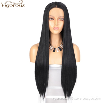 Vigorous Top Quality High Temperature Long Silky Straight Black Wigs Middle Part Lace Frontal Wigs For White Women Wholesale